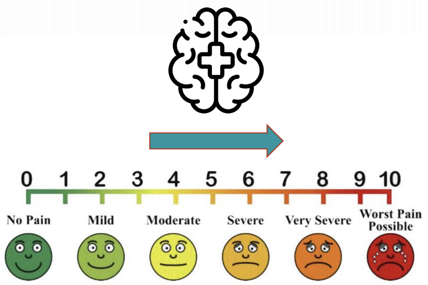 Graphic of brain with medical cross in the middle above an arrow pointing to the pain scale