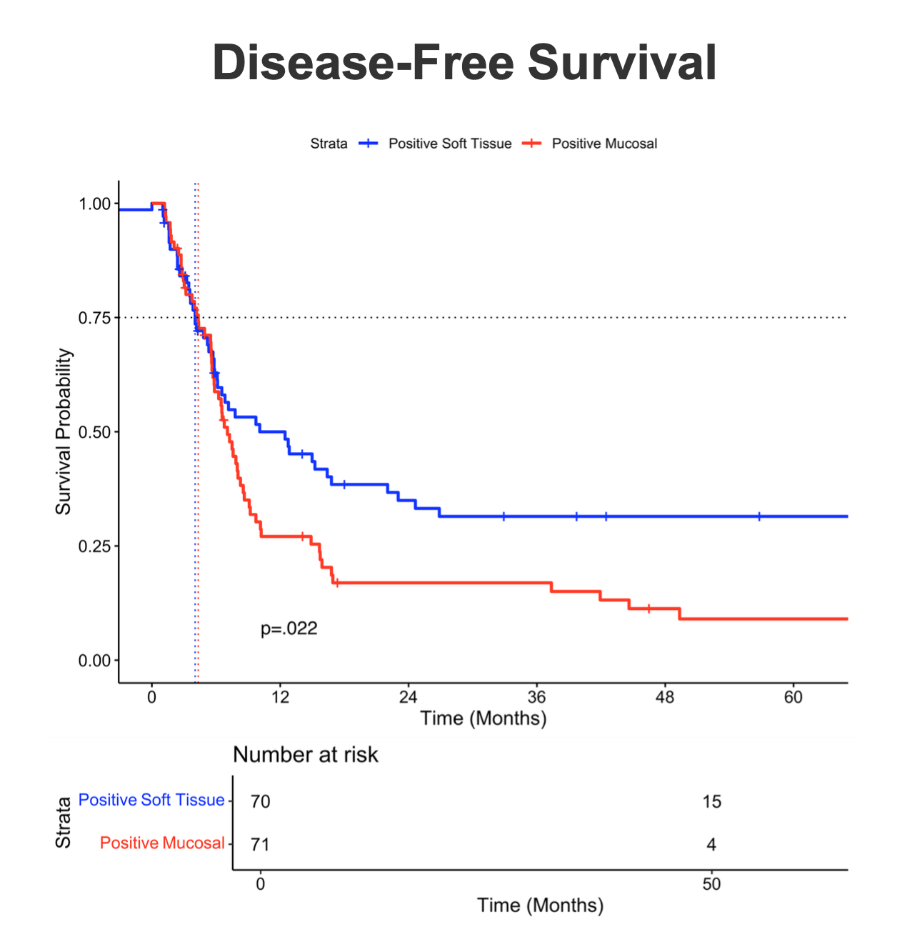 Graph of Kaplan-Meier curve with y-axis disease free survival probability, x-axis months, red line denoting positive mucosal margins, and blue line denoting positive soft tissue margins